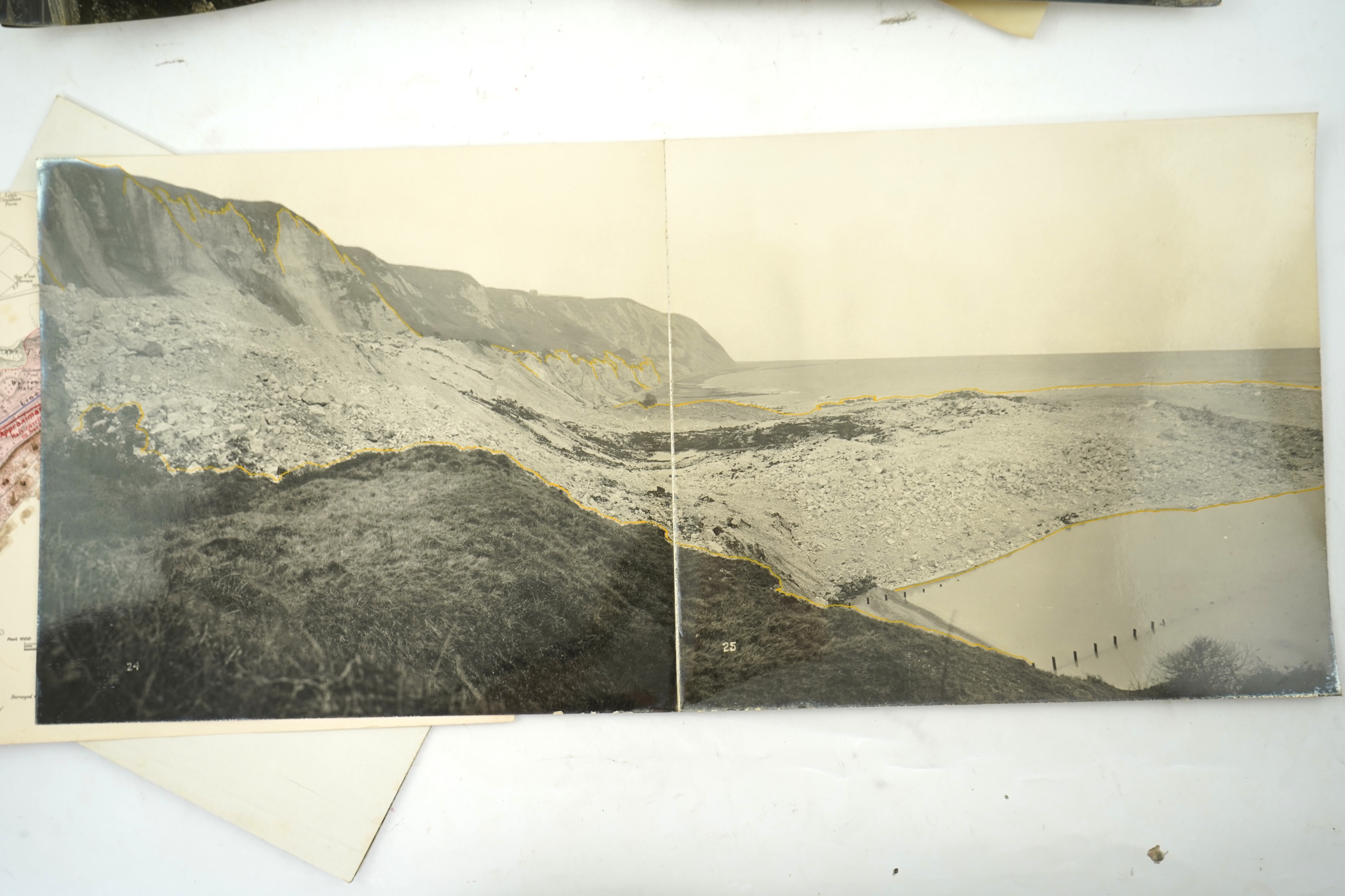 Fourteen late 19th/early 20th century black and white photographs of the results of a chalk landslide on the SE&CR, South East and Chatham Railway, at East Wear Bay, Capel-le-Ferne, Kent, with annotations to the reverse